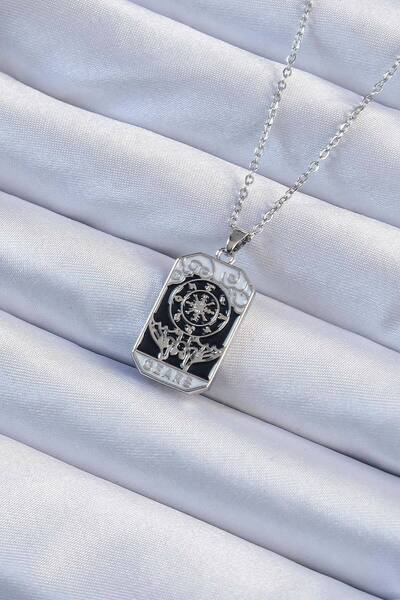 Nehir Stylish 316L Steel Chain Silver Color Engraved Black Enamel Tarot Penda...
