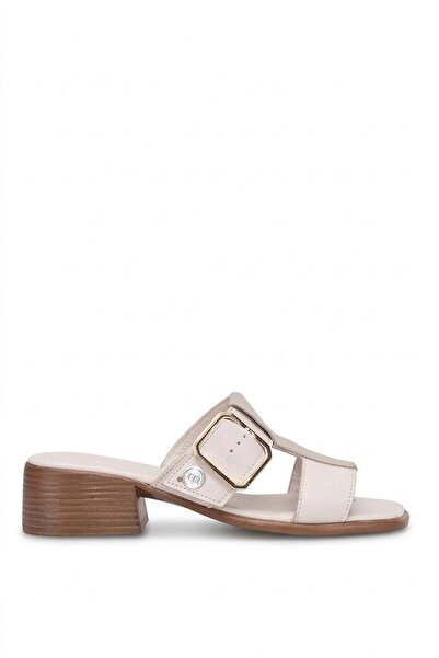 Mammamia D26Yt-6110 Women's Genuine Leather Heeled Slippers Cream