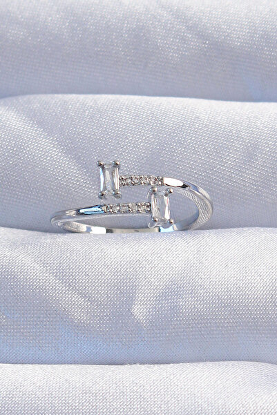 Nehir Stylish Brass Silver Color Zircon Stone Geometric Adjustable Ring Teach...