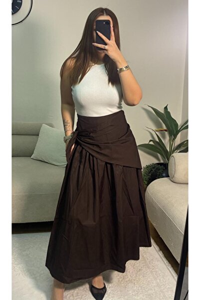 ecemce butik Beli Bağlamalı Kahverengi Poplin Etek