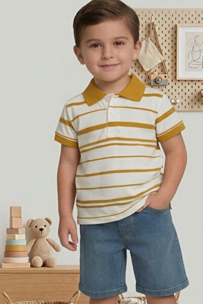 Tosyalı Burak Bebe تي شيرت مخطط للأولاد وشورت جينز طقم من قطعتين