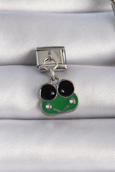 Nehir Stylish 316L Steel Silver Color Dangle Green Frog Figure Nomination Cha...