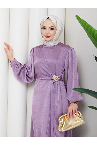 MY QILAM Tesettür Elbise Kadın Premium Jakar Saten Şık Abiye Broş Detaylı Uzu...