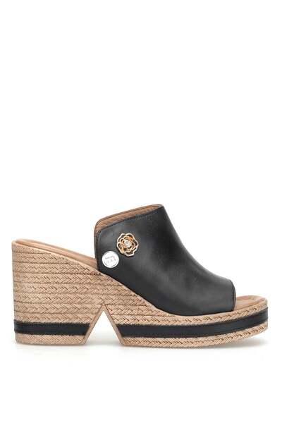 Mammamia D26Yt-6115 Women's Genuine Leather Wedge Heel Slippers Black