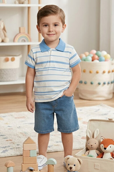 Tosyalı Burak Bebe Boys' Striped T-Shirt and Denim Shorts 2-Piece Set