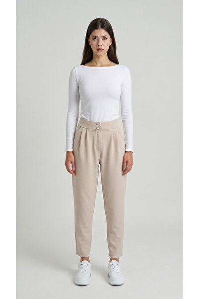 MODASPARK Beige High Waist Double Button Pockets Carrot Cut Pleated Women's T...