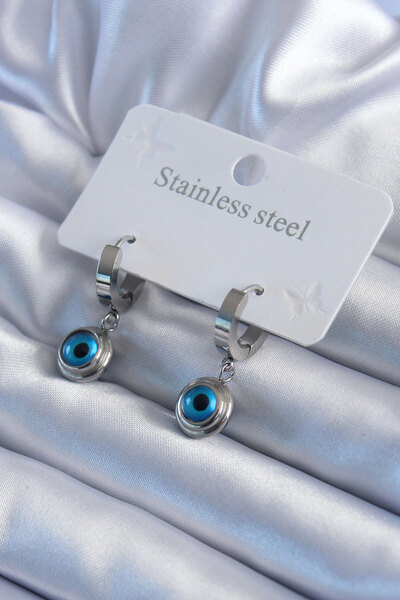 Nehir Stylish 316L Steel Silver Color Evil Eye Bead Model Women's Earrings Te...