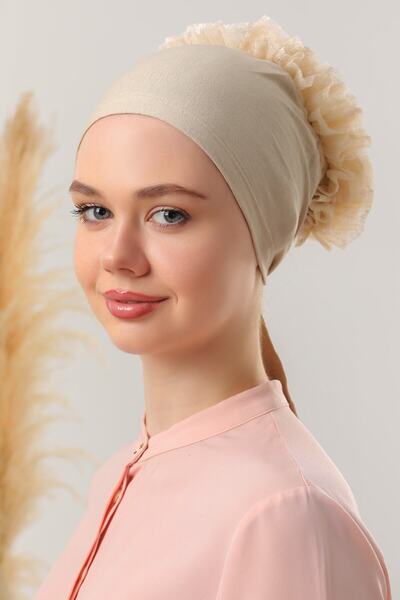 MY VİNTAGE Women's Hijab Front Stitched Ruffled Combed Cotton Bonnet Beige