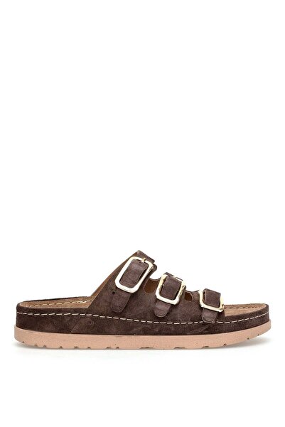 Mammamia D26Yt-1865 Women's Genuine Leather Flat Slippers Brown