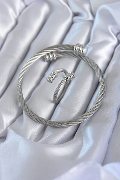 Nehir Stylish 316L Steel Silver Color Spiral Model Men's Bracelet Ring Combin...