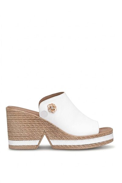 Mammamia D26Yt-6115 Women's Genuine Leather Wedge Heel Slippers White