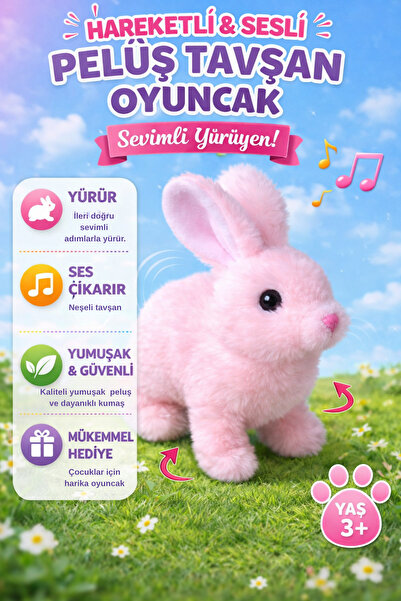 viyol marketim Pilli Hareketli ve Sesli Sevimli Peluş Tavşan – Zıplar ve Kuyr...
