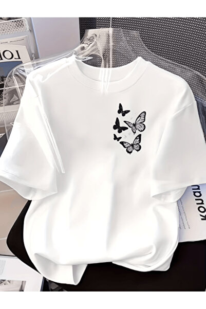 one button Tricou oversize premium cu imprimeu Mini Flying Black Butterfly