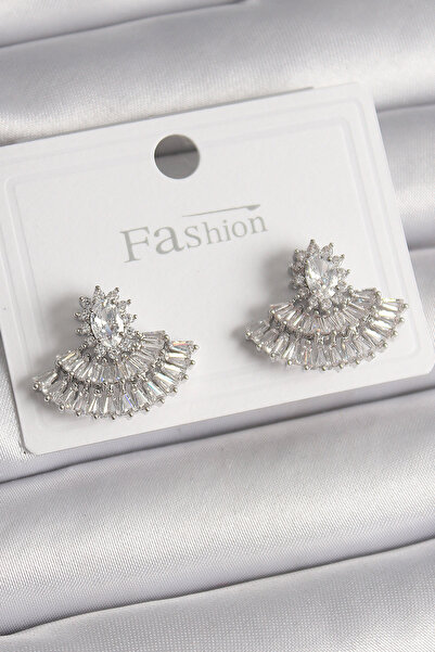 Nehir Stylish Brass Silver Color Zircon Stone Fan Model Women's Earrings Teac...