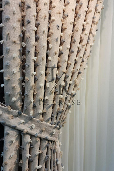 The Rose Yeni Sezon Perla Krem Keten Zemin Renkli Püsküllü Fon Perde, Sık Pil...