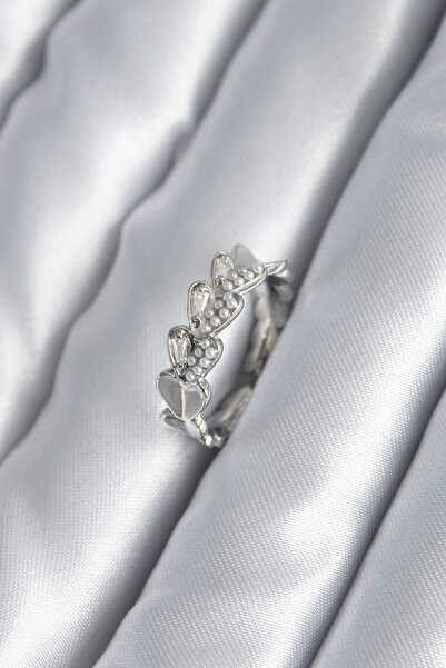 Nehir خاتم نسائي أنيق من النحاس الفضي اللون بتصميم قلب وتفاصيل من اللؤلؤ هدية...