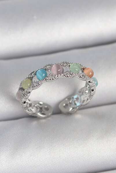 Nehir Stylish Brass Silver Color Colorful Enamel Adjustable Women's Ring Teac...