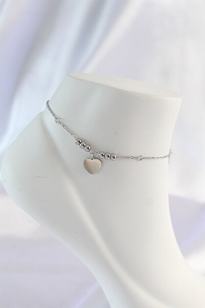 Nehir Stylish 316L Steel Silver Color Zircon Stone Detailed Heart Anklet Teac...