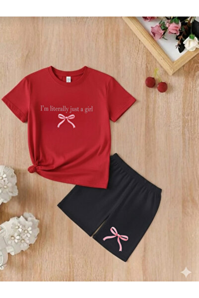 DOCE ELEGANTE Summer I'M Pink Ribbon Printed Girls' Black Top-Shorts T-Shirt Set