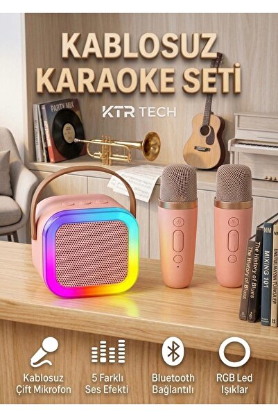 KTR TECH Karaoke Bluetooth Hoparlör Kablosuz Çift Mikrofonlu Rgb Led Işıklı 5...
