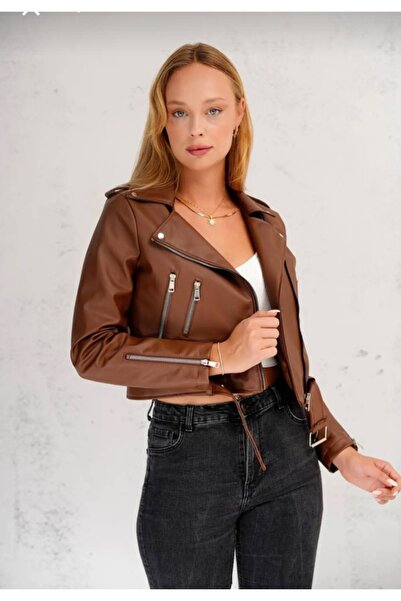 LAVRE Women's Double-Breasted Collared Leather Jacket - Biker Style Jacket wi...