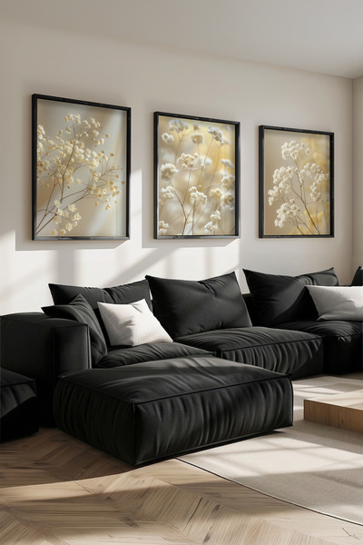 STARYUNA Black Wooden Framed Minimalist Floral Themed Triple Painting Set Ucy...