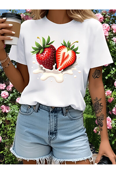 one button تي شيرت فاخر كبير الحجم مطبوع بتصميم فراولة خاص