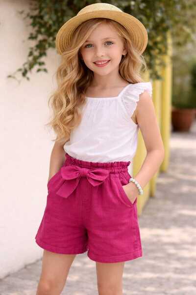 BEBEĞİME ÇORAP Κοριτσίστικο λινό σορτς με φριβολισμένη μέση και ελαστικό τελε...