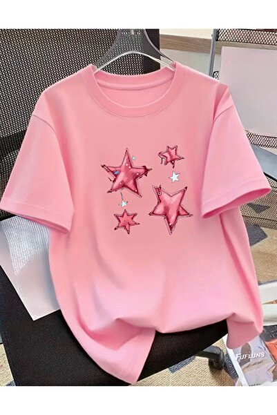 FUFLUNS Pink Stars Printed Oversized Unisex Women's Crew Neck T-Shirt
