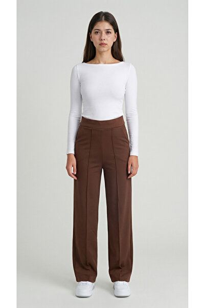 MODASPARK Brown High Waist Women's Palazzo Trousers with Pockets