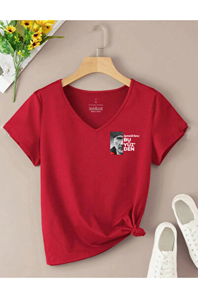 SUNFREE Atatürk Printed V-Neck Short Sleeve Cotton Basic Women's Tshirt