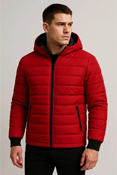 modi Men's Street Style Red Inflatable Hooded Zipper Coat Water Repellent Qui...
