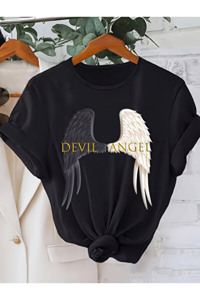 one button Tricou Premium Oversize cu imprimeu Aripi de Diavol și Înger