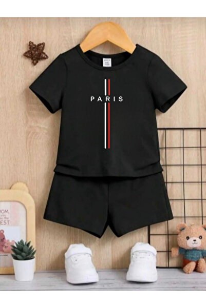 DOCE ELEGANTE Set de tricou și pantaloni scurți negri pentru băieți, cu impri...