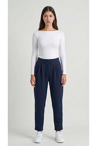 MODASPARK Navy Blue High Waist Double Button Pocket Carrot Cut Pleated Women'...