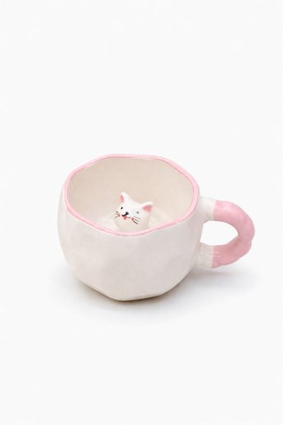 Çağ Seramik Cat Patterned Handmade Ceramic Mug – Cream Coffee Cup with Pink H...