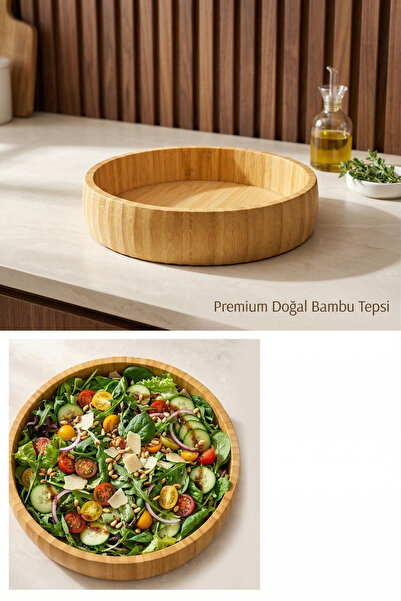 Vera Bambu Çizgili Bambu Bowl ve Sunum Tepsisi Seti - 21 cm x 5 cm | Meyvelik...