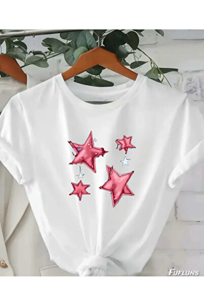 FUFLUNS Pink Stars Printed Oversized Unisex Women's Crew Neck T-Shirt