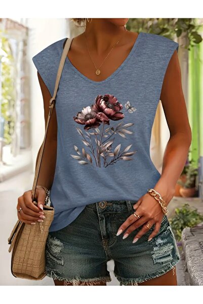 FUFLUNS Leafy Flower Printed Women's Oversize Sleeveless T-Shirt
