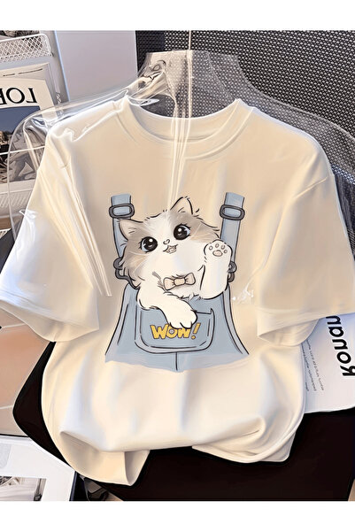 one button Tricou supradimensionat premium cu imprimeu Wow cu pisicuță drăguță