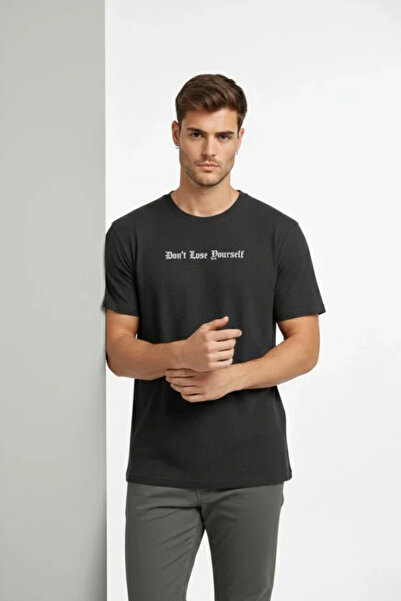 modi Printed Men's Black Waffle Fabric Regular Fit Crew Neck Casual Basic T-S...