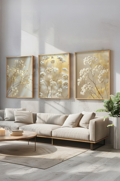 STARYUNA Wooden Framed Minimalist Floral Themed Triple Painting Set Ucyuna640