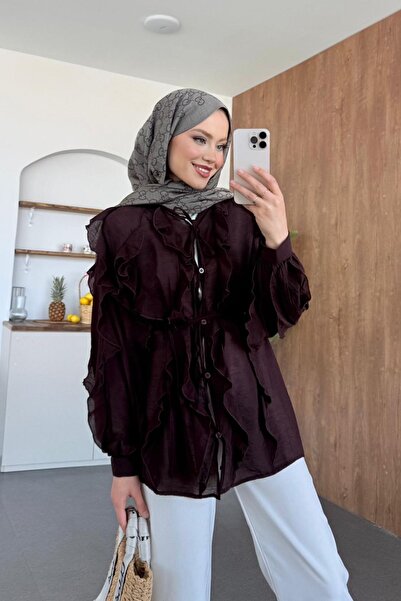 Hazamoda Μπλούζα με βολάν Momo σε καφέ χρώμα