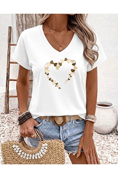 FUFLUNS ΓΥΝΑΙΚΕΙΟ OVERSIZE T-SHIRT ΜΕ ΣΤΑΜΠΑ ΚΑΡΔΙΑ ΜΕ ΚΑΡΔΙΑ ΣΕ ΣΧΗΜΑ V