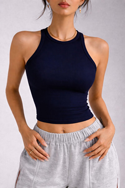 Lenezza Women's Camisole Fabric Halter Neckline Navy Blue Color Basic Crop-To...