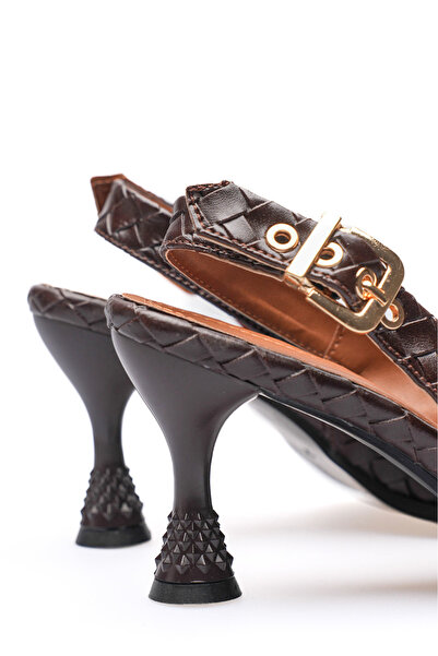 Long Star Women's Brown Knitted Patterned Pointed Toe Buckle Heeled Shoes Spe...