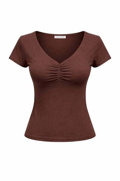 Mixray 2080 women's v-neck ruched detail short sleeve basic t-shirt - coffee