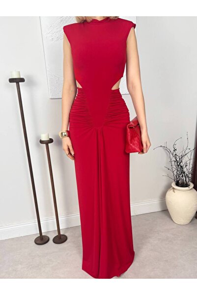 LOKADI Embellished Shoulder Detail, Low-Cut Waist, Gathered Black Maxi Evenin...