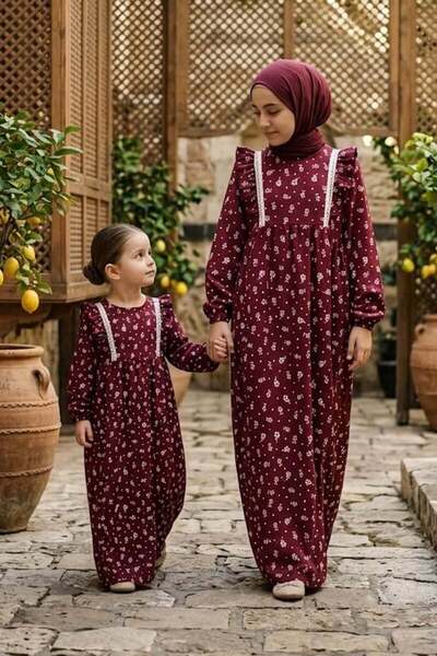 Betül Akbay Kız Çocuk Tesettür Elbise – Ahsen Model Pamuklu Viskon Tam Boy Bordo