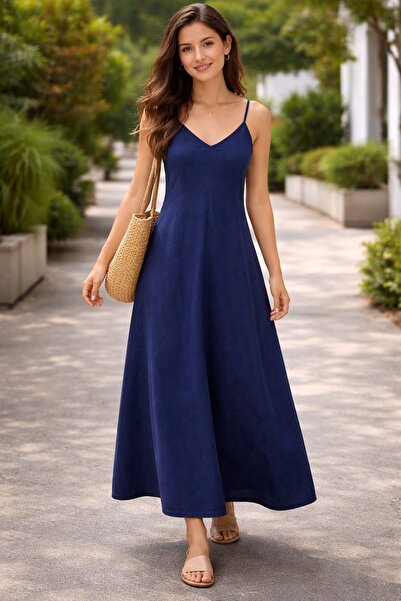 Butik Moda Kadın Koyu Mavi İnce Askılı Kot Elbise